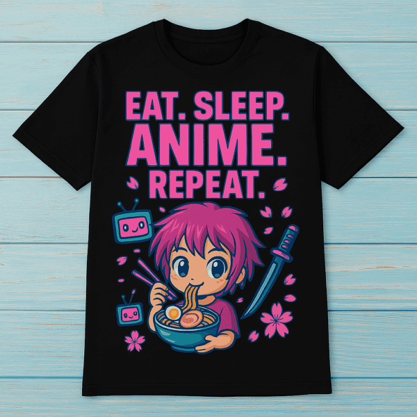 Black Crew Neck T-Shirt – Eat Sleep Anime Repeat DTG Print - Image 2